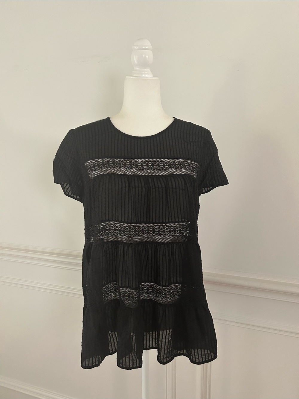 Ann Taylor Black Short-Sleeve Lace-Trim Peasant Tunic